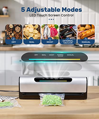 Vacuum Sealer Machine, 95Kpa Full Automatic Food Vacuum Sealer for Food Preservation & Sous Vide, with Astonishing Large LED Screen, 5 Vacuum Sealer Bags, Dishwashable Drip Tray, 15.15in