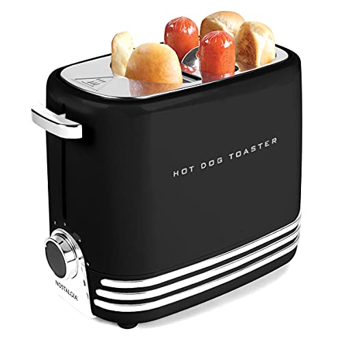 Nostalgia 2 Slot Hot Dog and Bun Toaster with Mini Tongs, Hot Dog Toaster Works with Chicken, Turkey, Veggie Links, Sausages and Brats, Black