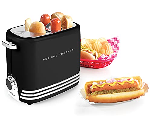 Nostalgia 2 Slot Hot Dog and Bun Toaster with Mini Tongs, Hot Dog Toaster Works with Chicken, Turkey, Veggie Links, Sausages and Brats, Black