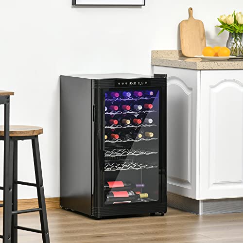 HOMCOM 33 Bottle Wine Cooler, Mini Beverage Fridge, Freestanding Wine Cellar with Digital Temperature Control, 6 Removable Shelves, Glass Door, Alarm Function and LED Lighting, Black