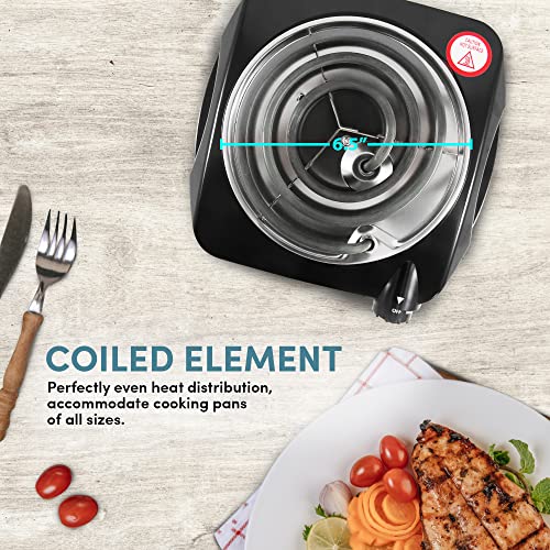 Elite Gourmet ESB301C Countertop Single Coiled Burner, 1100 Watts Electric Hot Plate, Temperature Controls, Power Indicator Lights, Easy to Clean, Black