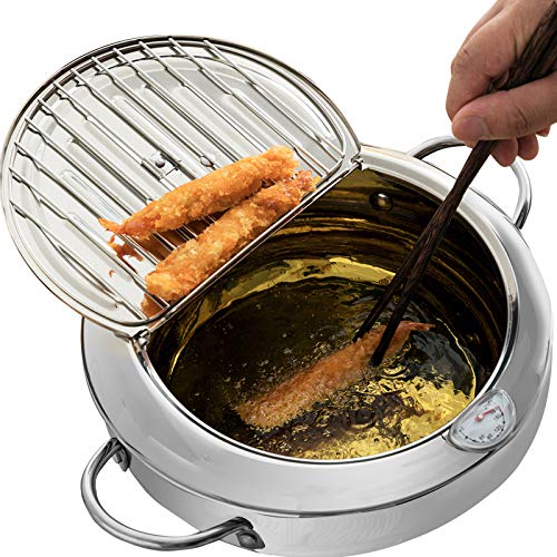 Yopay 304 Stainless Steel Deep Fryer Pot, Frying Chicken Pot, Tempura deep Fryer with a Thermometer and a lid, Japanese Style Tempura Fryer Pan, 2.2L ( Diameter: 6.5" )