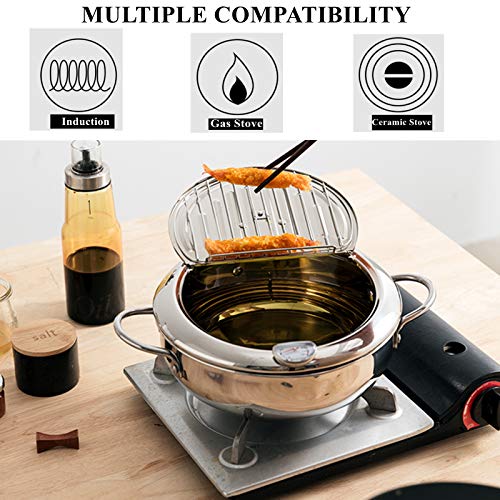 Yopay 304 Stainless Steel Deep Fryer Pot, Frying Chicken Pot, Tempura deep Fryer with a Thermometer and a lid, Japanese Style Tempura Fryer Pan, 2.2L ( Diameter: 6.5" )