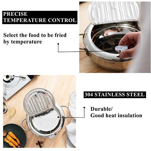 Yopay 304 Stainless Steel Deep Fryer Pot, Frying Chicken Pot, Tempura deep Fryer with a Thermometer and a lid, Japanese Style Tempura Fryer Pan, 2.2L ( Diameter: 6.5" )