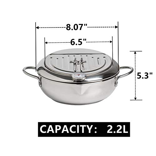 Yopay 304 Stainless Steel Deep Fryer Pot, Frying Chicken Pot, Tempura deep Fryer with a Thermometer and a lid, Japanese Style Tempura Fryer Pan, 2.2L ( Diameter: 6.5" )