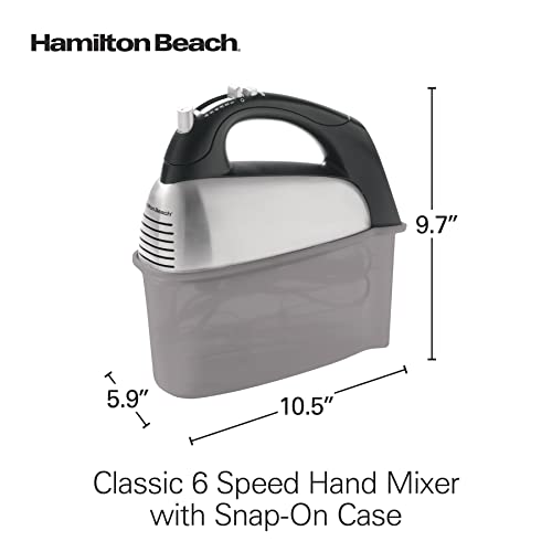 Hamilton Beach Classic 6-Speed Electric Hand Mixer with Snap-On Storage Case, Brushed Stainless, Traditional and Wire Beaters, Whisk