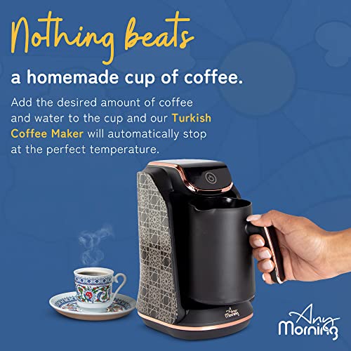 Any Morning Turkish Coffee Maker | Automatic Turkish/Greek Coffee Machine | 1-4-Cup Turkish Coffee Pot | Low-Watt Coffee Maker with Overflow Prevention, Sound Alarm, and Safety System