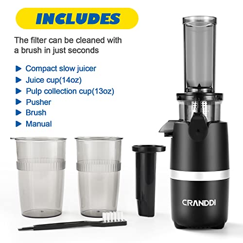 CRANDDI Mini Juicer Machine, Super Small Cold Press Juicer Easy to Clean, Masticating Slow Juicer with Brush and Reverse Function for Fruit Vegetable, M-228 Black