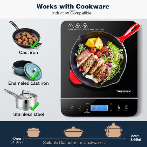 Sunmaki Portable Induction Cooktop,1800W Induction Cooker with LCD Sensor Touch, Induction Cooktop Burner Child Safety Lock & 4h Timer, 9 Power 10 Temperature Setting for cooking