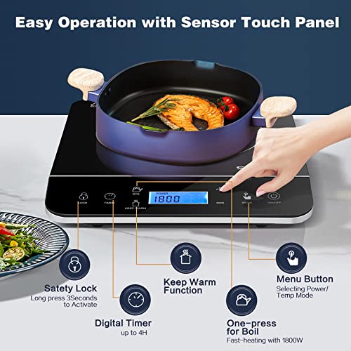 Sunmaki Portable Induction Cooktop,1800W Induction Cooker with LCD Sensor Touch, Induction Cooktop Burner Child Safety Lock & 4h Timer, 9 Power 10 Temperature Setting for cooking