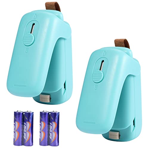 2 Pack Mini Bag Sealers, Handheld Heat Vacuum, 2 in 1 Sealer & Cutter with Lanyard, Portable Resealer Machine for Plastic Bags Food Snacks Storage (4 x AA Batteries & 2 Testing Bags Included, Green)