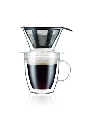 Bodum Pour Over Coffee Dripper Set With Double Wall Mug and Permanent Filter, 12 Ounce, Clear