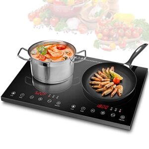 double induction cooktop, 4000w electric cooktop with 2 burner, portable countertop burner with led sensor touch screen, 17 power levels 21 temperature setting child safety lock, 3 hours timer