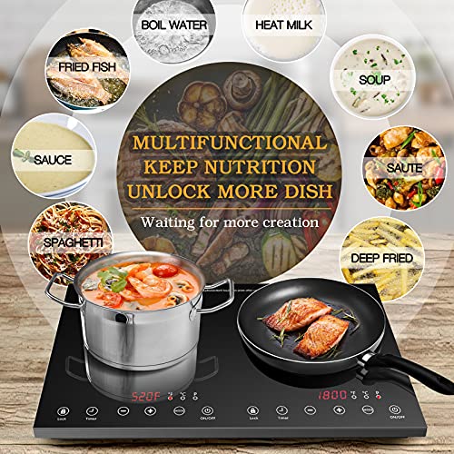 Double Induction Cooktop, 4000W Electric Cooktop with 2 Burner, Portable Countertop Burner with LED Sensor Touch Screen, 17 Power Levels 21 Temperature Setting Child Safety Lock, 3 Hours Timer