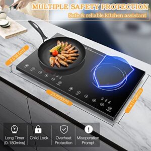 Double Induction Cooktop, 4000W Electric Cooktop with 2 Burner, Portable Countertop Burner with LED Sensor Touch Screen, 17 Power Levels 21 Temperature Setting Child Safety Lock, 3 Hours Timer