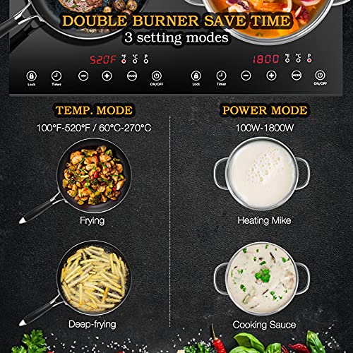 Double Induction Cooktop, 4000W Electric Cooktop with 2 Burner, Portable Countertop Burner with LED Sensor Touch Screen, 17 Power Levels 21 Temperature Setting Child Safety Lock, 3 Hours Timer