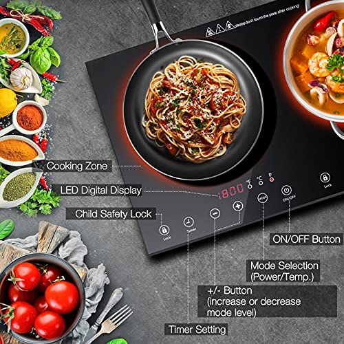 Double Induction Cooktop, 4000W Electric Cooktop with 2 Burner, Portable Countertop Burner with LED Sensor Touch Screen, 17 Power Levels 21 Temperature Setting Child Safety Lock, 3 Hours Timer