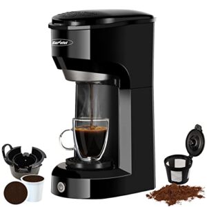 single serve coffee maker, k cup coffee maker for capsule pod ground coffee, 1000w single cup coffee maker with permanent filter 6-14oz reservoir one-touch button fast brew & auto shut off, black