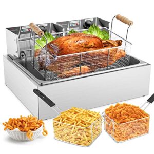 tangme commercial deep fryer, 3400w electric deep fryer with 3 baskets, 22l/23.25qt 1mm thickened stainless steel countertop oil fryer with temperature limiter for restaurant and home use
