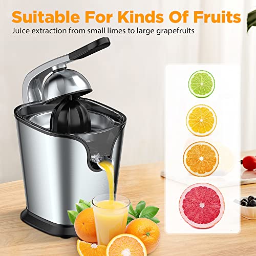 Ainclte Electric Citrus Juicer Squeezer Stainless Steel 150 Watts of Power for Orange Lemon Lime Grapefruit Juice with Soft Rubber Grip, Filter and Anti-drip Spout Lock - Black, Black/Stainless Steel