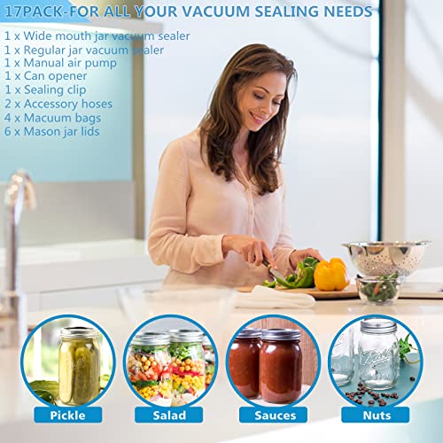 Mason Jar Vacuum Sealer,Vacuum Sealing Kit for Wide-Mouth & Regular-Mouth Mason Jars,With Jar Attachment-Adapter Hose-Vacuum Bag and Manual Vacuum Pump,Compatible With Most Brands of Vacuum Machines