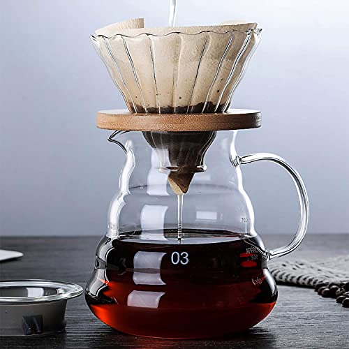 Glass Coffee Dripper, V60 Pour Over Coffee Dripper With Bamboo Wood Base, Slow Brewing Accessories for Home Cafe Restaurants, 1-4 Cups