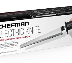 Chefman Electric Knife with Bonus Carving Fork & Space Saving Storage Case Included One Touch, Durable 8 Inch Stainless Steel Blades, Rubberized Black Handle, BPA Free, 120 Volts and Watts
