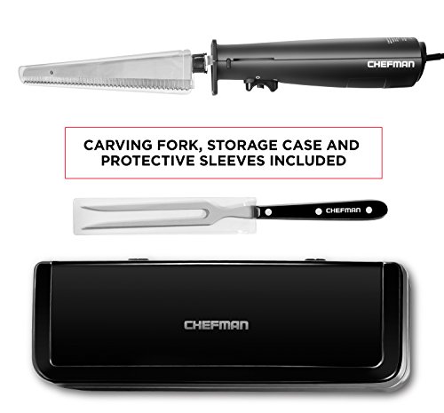 Chefman Electric Knife with Bonus Carving Fork & Space Saving Storage Case Included One Touch, Durable 8 Inch Stainless Steel Blades, Rubberized Black Handle, BPA Free, 120 Volts and Watts