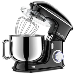 howork 8.5qt stand mixer, 660w 6+p speed tilt-head, electric kitchen mixer with dishwasher-safe dough hook, beater, wire whip & pouring shield (8.5 qt, black)