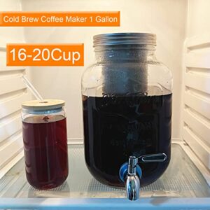 1 Gallon Cold Brew Coffee Maker,Cold Brew Pitcher & Tea Infuser With Stainless Steel Spigot And Filter,Large Glass Drink Beverage Dispenser 100% Leak-Proof And Drip-Free Iced Coffee Maker