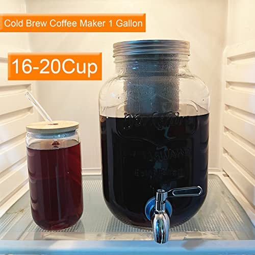 1 Gallon Cold Brew Coffee Maker,Cold Brew Pitcher & Tea Infuser With Stainless Steel Spigot And Filter,Large Glass Drink Beverage Dispenser 100% Leak-Proof And Drip-Free Iced Coffee Maker