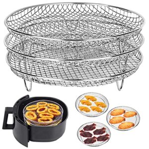 3 layer air fryer three stackable dehydrator racks 304 stainless steel air fryer basket tray air fryer accessories dishwasher safe fit for oven and press cooker compatible with most air fryer (round)