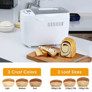 Patioer 3.3LB Bread Maker Machine Automatic Bread Machine with Dual Kneading Paddles 15-in-1 Breadmaker Dough Maker with Gluten Free Setting, 3 Loaf Sizes 3 Crust Colors, Nonstick Baking Pan, LCD Display, 15 Hours Delay Timer, White