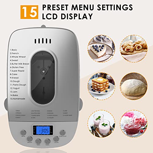 Patioer 3.3LB Bread Maker Machine Automatic Bread Machine with Dual Kneading Paddles 15-in-1 Breadmaker Dough Maker with Gluten Free Setting, 3 Loaf Sizes 3 Crust Colors, Nonstick Baking Pan, LCD Display, 15 Hours Delay Timer, White