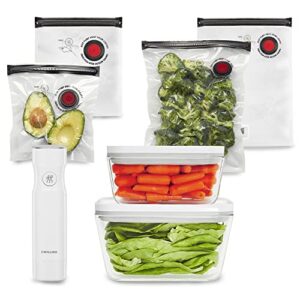 zwilling fresh & save 7-pc vacuum sealer machine starter set, sous vide bags, meal prep, airtight food storage containers, glass