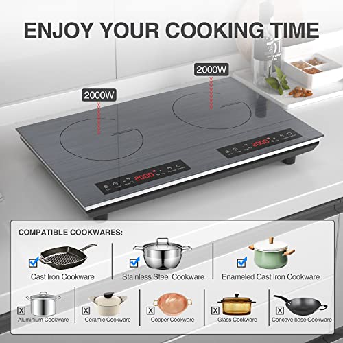 VBGK Double Induction Cooktop, 4000W Portable Induction Cooktop with induction burner,with LCD Touch Screen 9 Levels Settings with Child Safety Lock & Timer 110V 2 burner induction cooktop