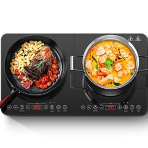 aobosi double induction cooktop,portable induction cooker with 2 burner independent control,ultrathin body,10 temperature,1800w-multiple power levels,4 hour timer,safety lock