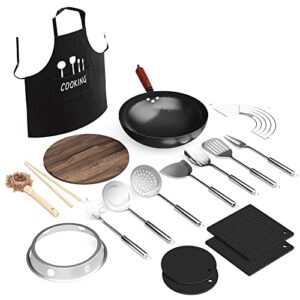 gekko and co. carbon steel wok pan with lid bundled with hot pads – 14-piece woks & stir-fry pans set –non-stick chinese wok pan – woks for electric stove, gas, halogen, induction – 12.6 inches