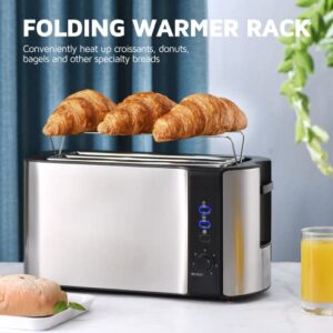 Toaster 4 Slice, 10'' Long Slot Toaster 2 Slice, Extra-Wide Stainless Steel Toasters, 4 Slice Toaster, Warming Rack & 6 Shade Settings, Defrost/Reheat/Cancel, Toaster for Croissants Bread(Silver)