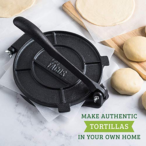 Chef Tacos Authentic Cast Iron Tortilla Press, 8-Inch, Roti Maker Pre-seasoned Corn or Flour Tortilla Maker, Pataconera, Roti Dough