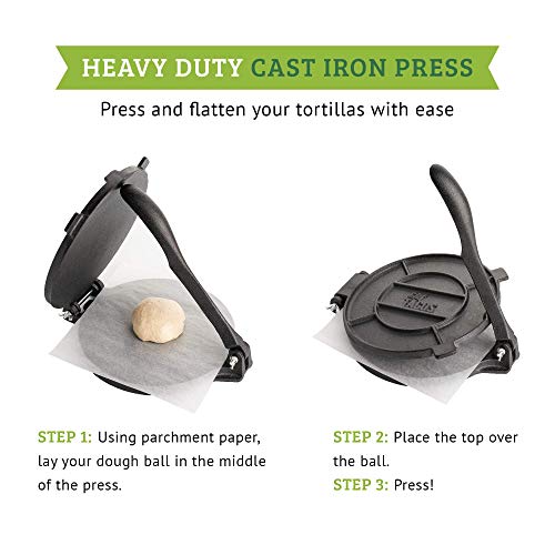 Chef Tacos Authentic Cast Iron Tortilla Press, 8-Inch, Roti Maker Pre-seasoned Corn or Flour Tortilla Maker, Pataconera, Roti Dough