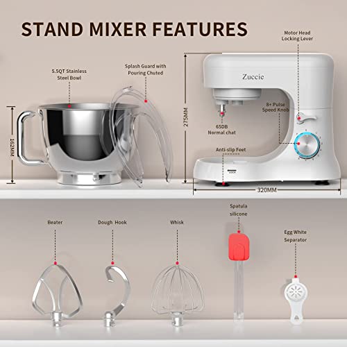 Stand Mixer, Zuccie 4.5L Mixers Kitchen Electric Stand Mixer, 380W Motor Power Food Mixer, 8+P-Speed Dough Mixer with Dough Hook, Wire Whip & Beater, White