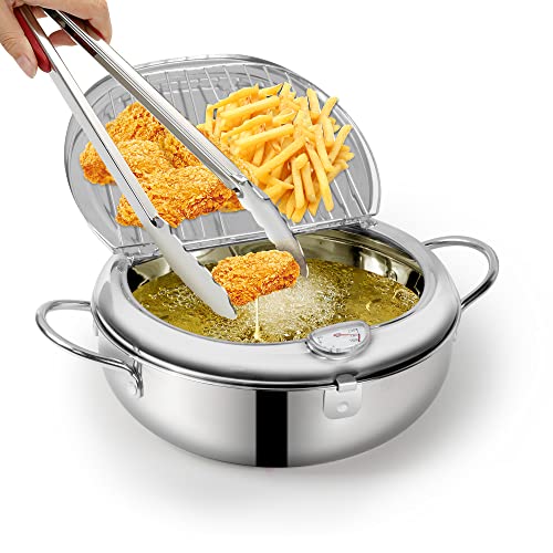 Deep Fryer Pot, 304 Stainless Steel Japanese Deep Fryer with Lid And Oil Drip Drainer Rack for French Fries Chicken Wings shrimp, 3.4L