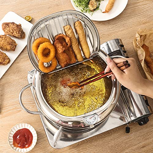 Deep Fryer Pot, 304 Stainless Steel Japanese Deep Fryer with Lid And Oil Drip Drainer Rack for French Fries Chicken Wings shrimp, 3.4L