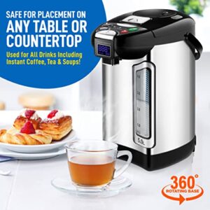 NutriChef Digital Water Boiler and Warmer - 5L/5.28 Qt Stainless Electric Hot Water Dispenser w/LCD Display, Rotating Base, Keep Warm, Auto Shut Off, Safety Lock, Instant Heating for Coffee & Tea