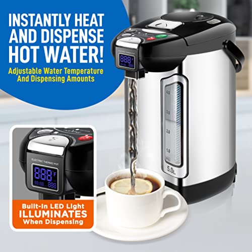 NutriChef Digital Water Boiler and Warmer - 5L/5.28 Qt Stainless Electric Hot Water Dispenser w/LCD Display, Rotating Base, Keep Warm, Auto Shut Off, Safety Lock, Instant Heating for Coffee & Tea