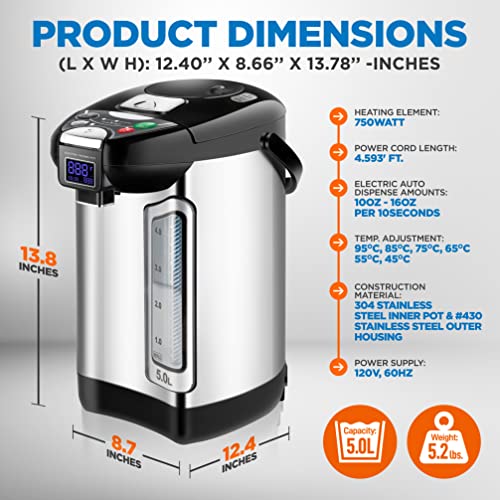 NutriChef Digital Water Boiler and Warmer - 5L/5.28 Qt Stainless Electric Hot Water Dispenser w/LCD Display, Rotating Base, Keep Warm, Auto Shut Off, Safety Lock, Instant Heating for Coffee & Tea