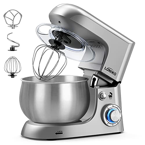 Loniko Multifunctional Electric Stand Mixer, 6.5 Quarts, 6 Speeds Household Stand Food Mixers with Dough Hook, Whisk & Flat Beater Attachments, and Splash Guard(Silver)