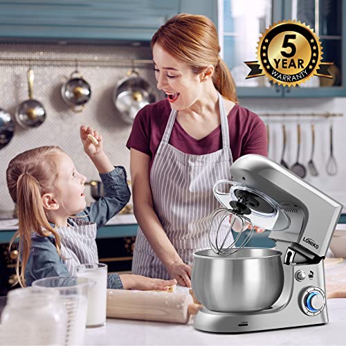Loniko Multifunctional Electric Stand Mixer, 6.5 Quarts, 6 Speeds Household Stand Food Mixers with Dough Hook, Whisk & Flat Beater Attachments, and Splash Guard(Silver)