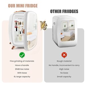 KFO Portable Mirrored Beauty Fridge With LED Lighting,6 Liter Portable Mini Fridge for Makeup, 4 Liter/6 Can 3 LED Mirror Light Mode,for Makeup Storag